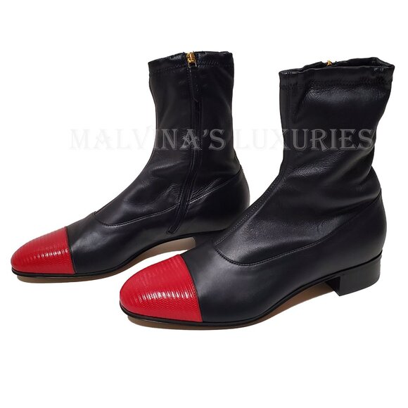 GUCCI MENS BOOTS DARK BLUE LEATHER RED LIZARD TOE ANKLE BOOTIES sz 11 11.5 - Picture 7 of 16